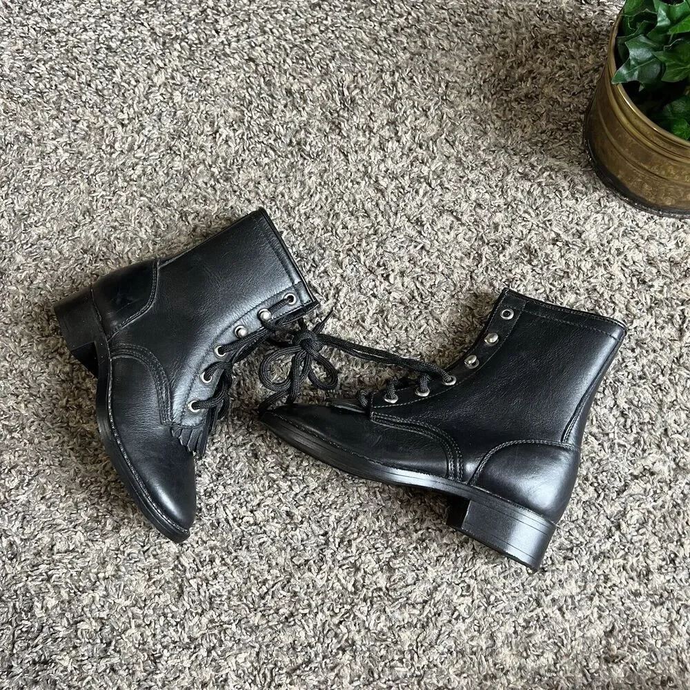 Vintage Kids Black Leather Western cowboy Boots Size 10.5 kiltie Lace Up new